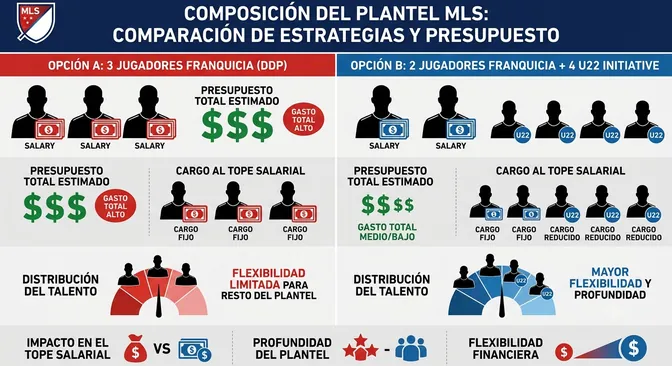 Infografía comparativa: Opción A (3 Jugadores Franquicia) vs. Opción B (2 Jugadores Franquicia + 4 U22), ilustrando el impacto en el presupuesto